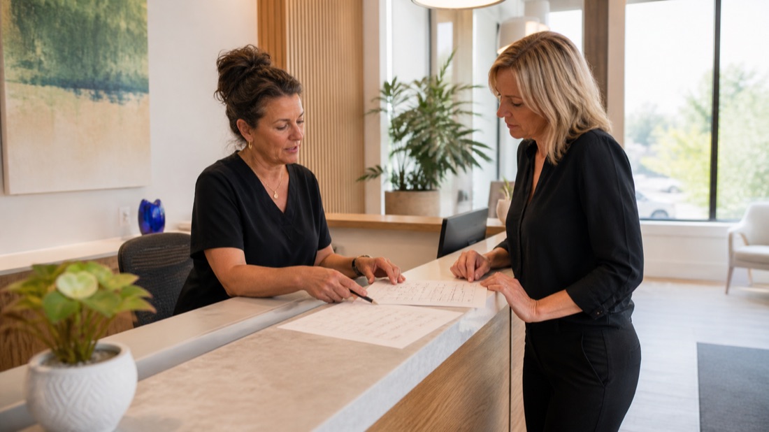 A clinic receptionist and owner reviewing non-identifying call patterns at the front desk