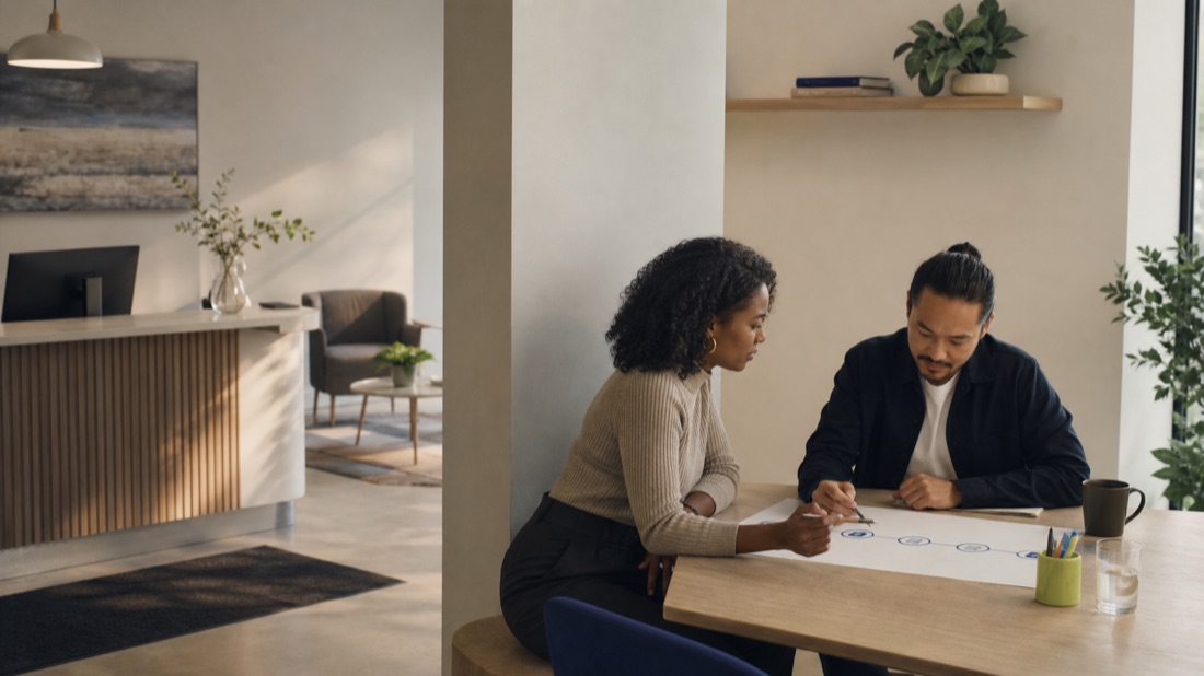 A clinic administrator and marketing strategist reviewing a patient journey together in a clinic