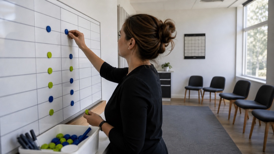 A clinic operator using blue and green markers to plan appointment capacity